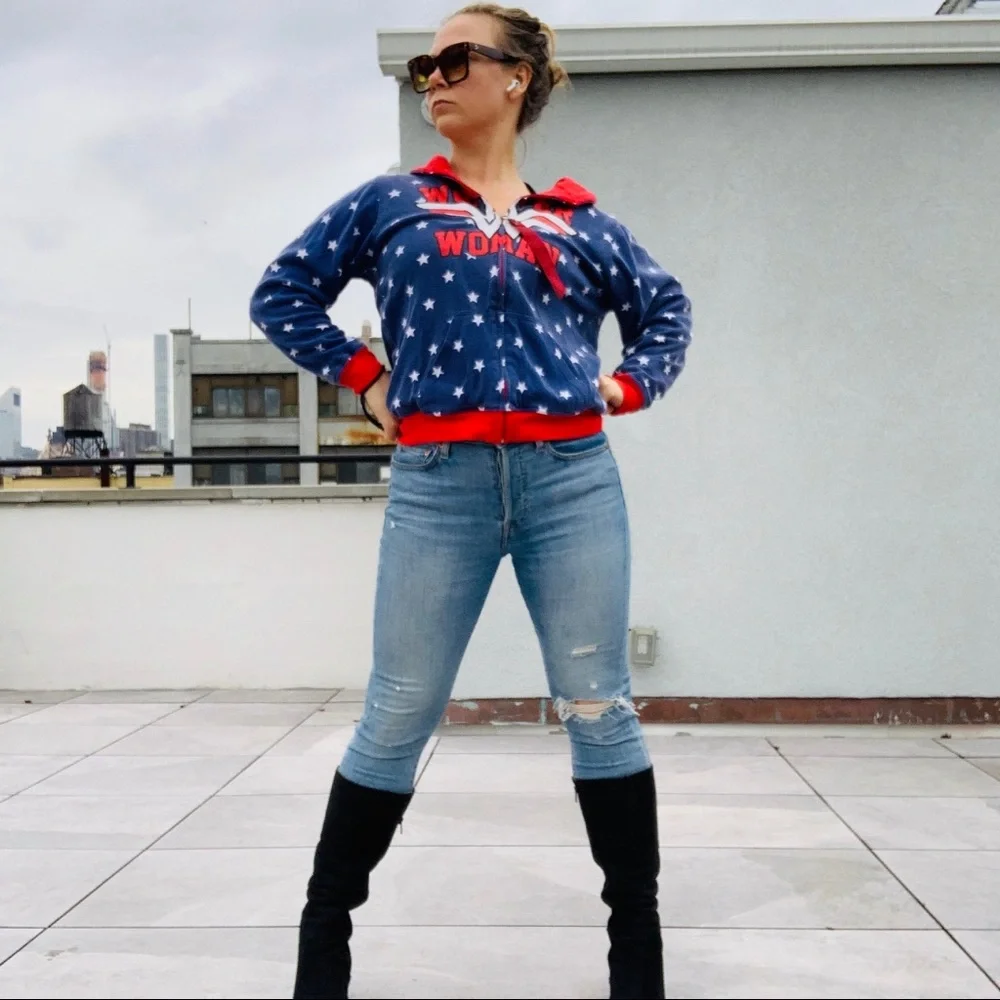 Vintage 2in1 Wonder Woman Red White Blue Star Stripe Double Side Turning Hoodie - Picture 4 of 16